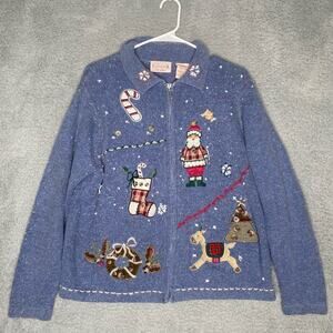 Vintage Basic Editions Ramie full zip sweater confetti embroidered christmas XL